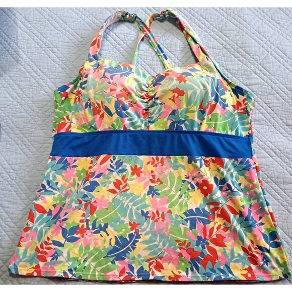 Lands' End Women 16 Tankini Top Blue Floral Soft Cup Swimwear Adjustable Straps - Picture 1 of 6